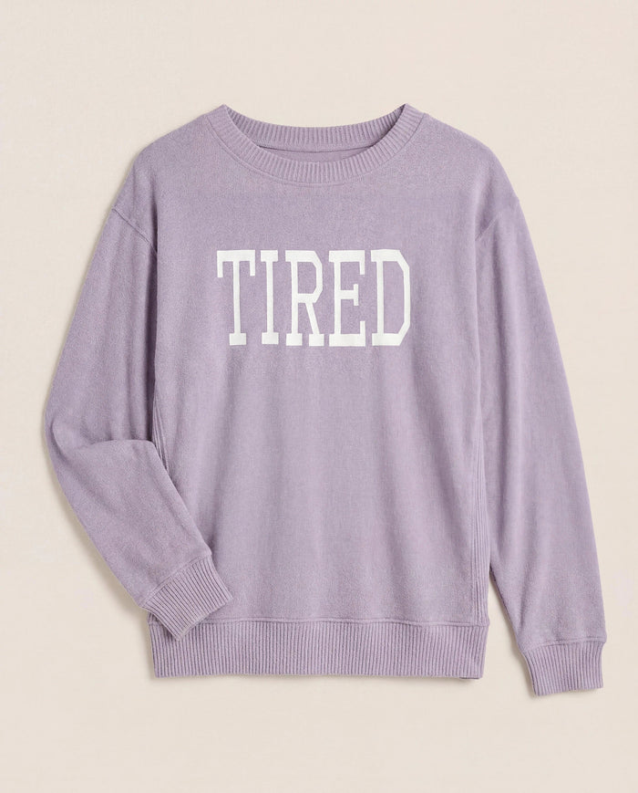 Heather Purple Sage $|& SEAS Shoreline Hacci "Tired" Graphic Pullover - Hanger Detail