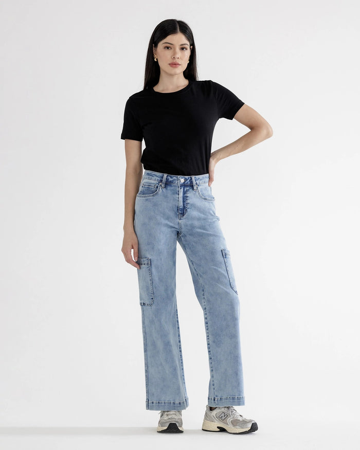 Maya Blue $|& Mica Denim High Rise Cargo Wide Leg Jeans - VOF Front