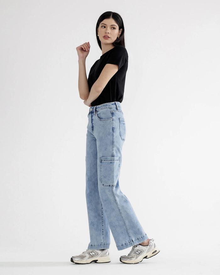 Maya Blue $|& Mica Denim High Rise Cargo Wide Leg Jeans - VOF Side