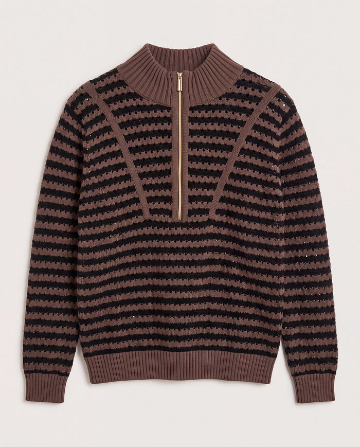 Walnut Stripe $|& Interval Influence Quarter Zip Sweater - Hanger Detail