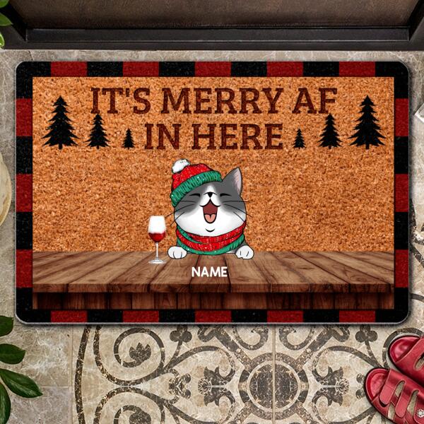It's Merry Af In Here, Pine Tree, Personalized Christmas Cat Breeds Doormat, Christmas House Decor