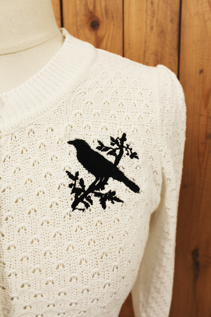 Ivory Embroidered Bird Sweater 3/4 Sleeve Cardigan Sweater