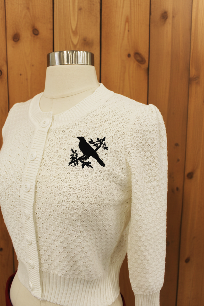Ivory Embroidered Bird Sweater 3/4 Sleeve Cardigan Sweater