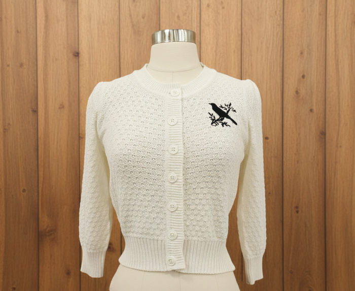 Ivory Embroidered Bird Sweater 3/4 Sleeve Cardigan Sweater