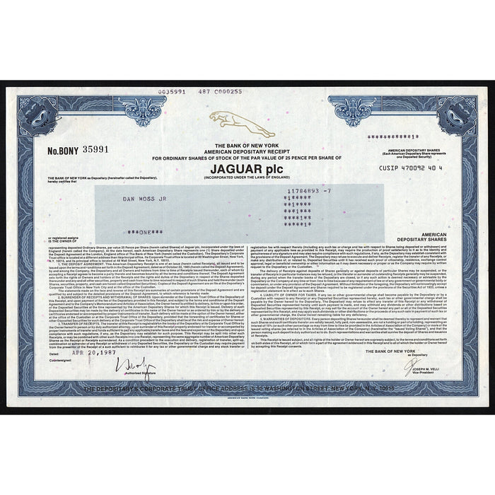 Jaguar plc Automobile Company England Stock Certificate