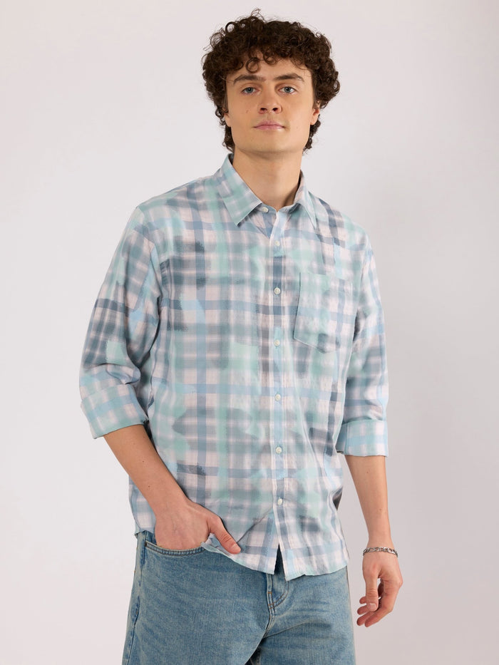 Jules - Digital Print Checkered Shirt - Aqua Blue