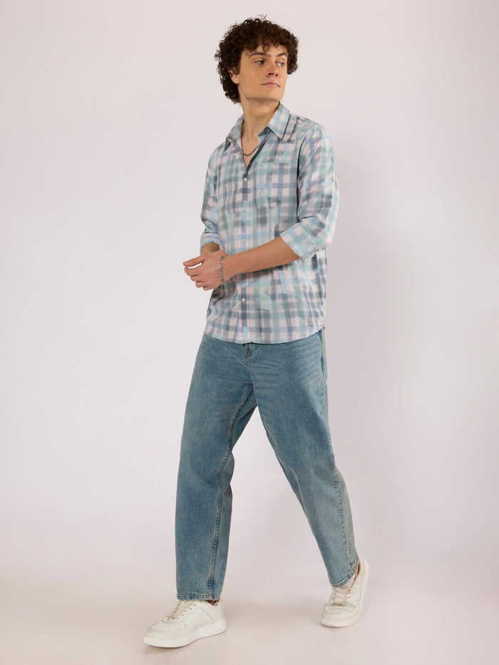 Jules - Digital Print Checkered Shirt - Aqua Blue