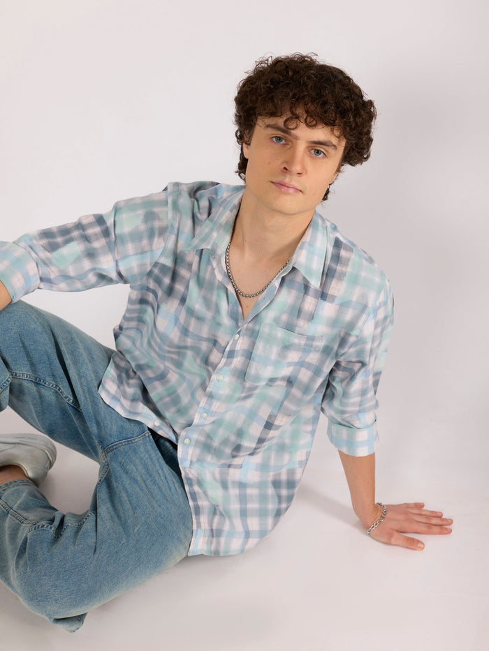 Jules - Digital Print Checkered Shirt - Aqua Blue