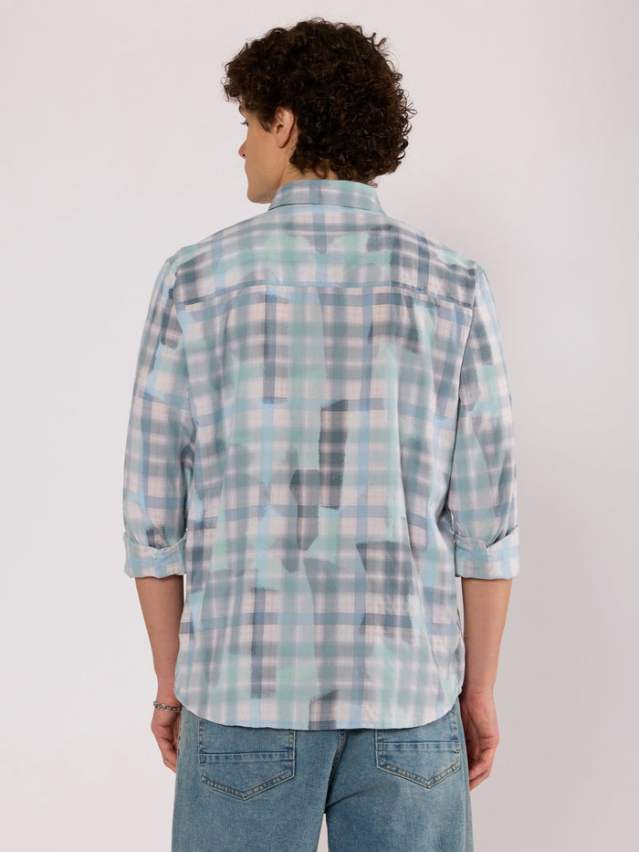 Jules - Digital Print Checkered Shirt - Aqua Blue