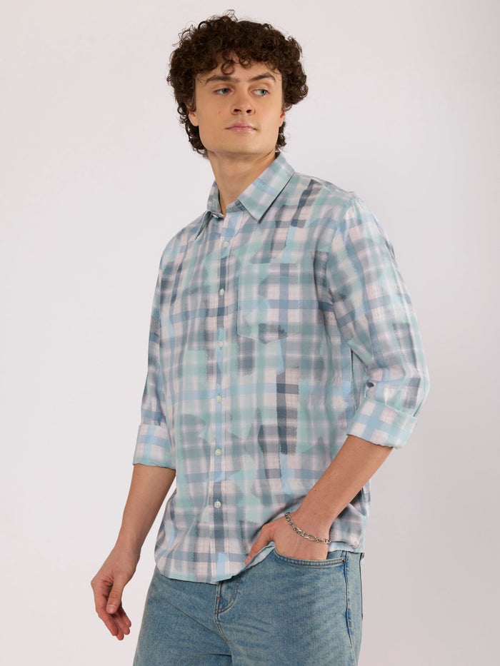 Jules - Digital Print Checkered Shirt - Aqua Blue