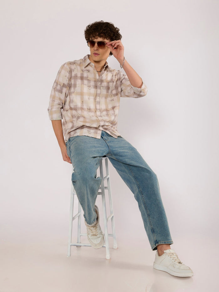 Jules - Digital Print Checkered Shirt - Beige