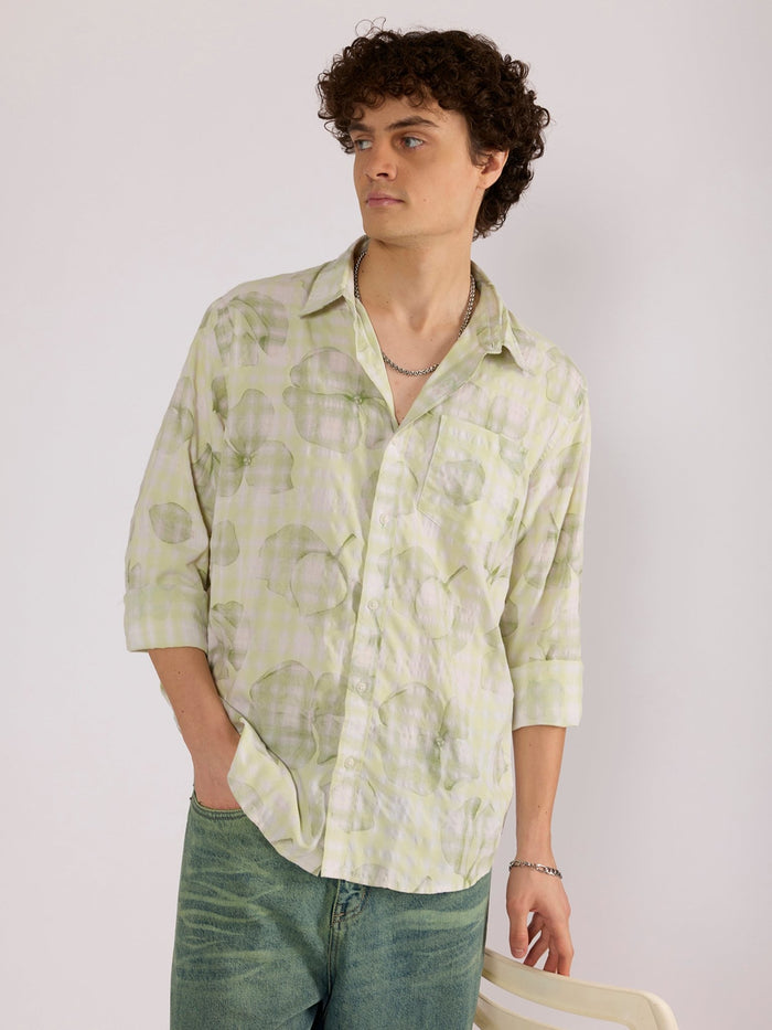 Jules - Digital Print Checkered Shirt - Light Green