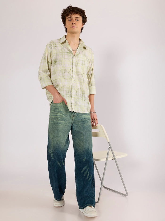 Jules - Digital Print Checkered Shirt - Light Green