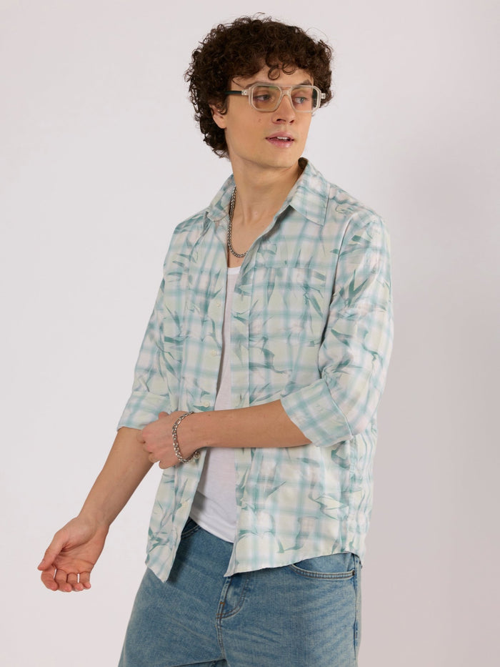 Jules - Digital Print Checkered Shirt - Mint Blue