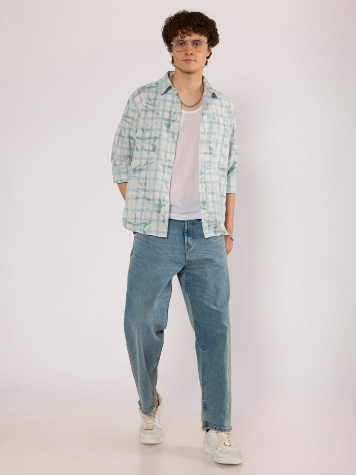 Jules - Digital Print Checkered Shirt - Mint Blue