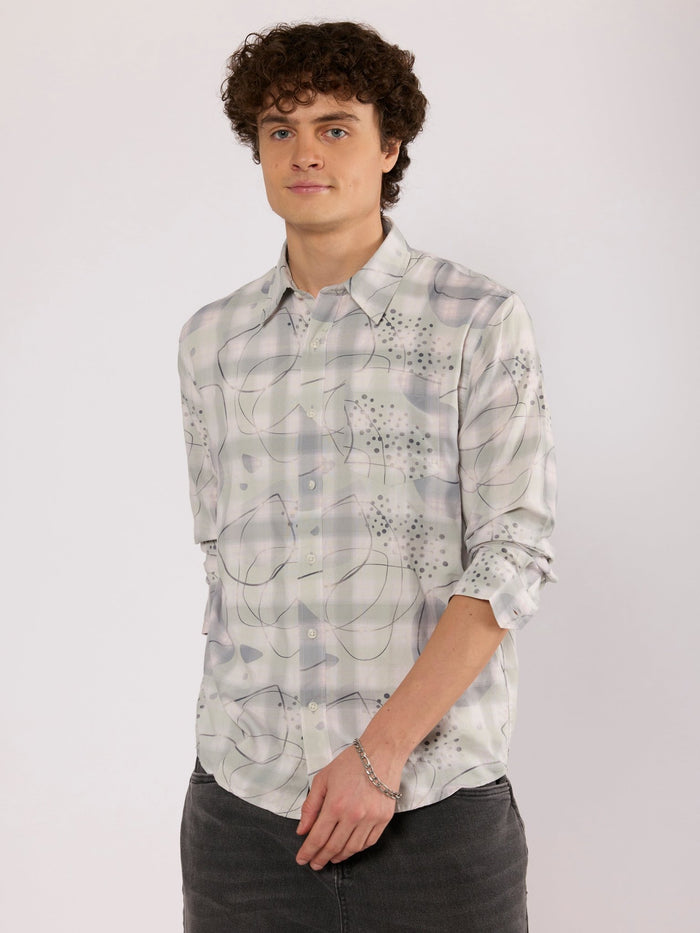 Jules - Digital Print Checkered Shirt - Slate Grey