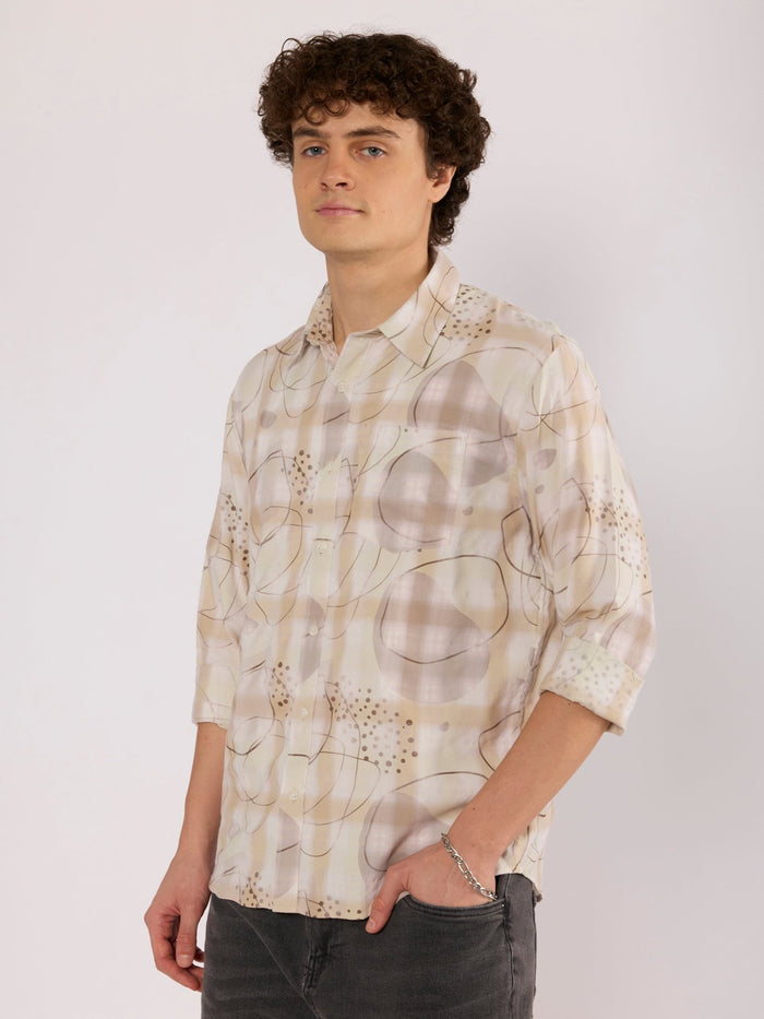 Jules - Digital Print Checkered Shirt - Tan