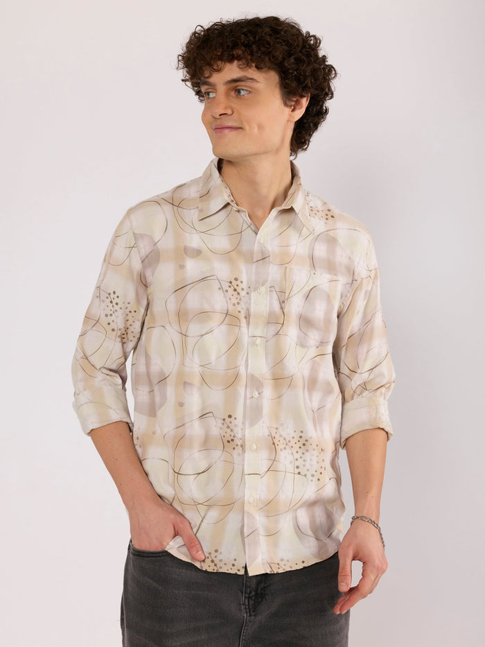 Jules - Digital Print Checkered Shirt - Tan