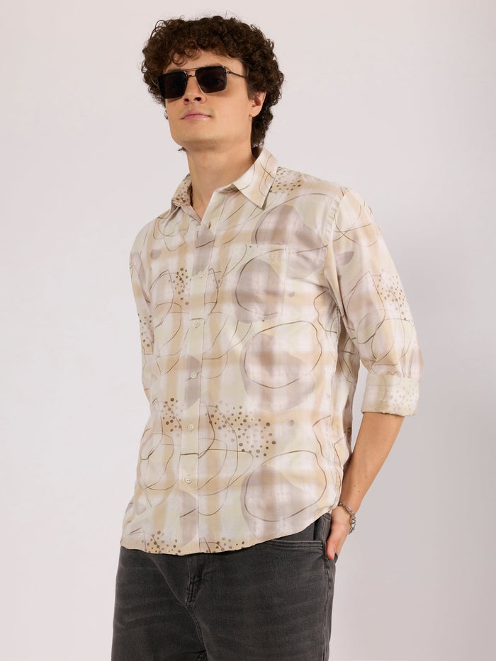 Jules - Digital Print Checkered Shirt - Tan