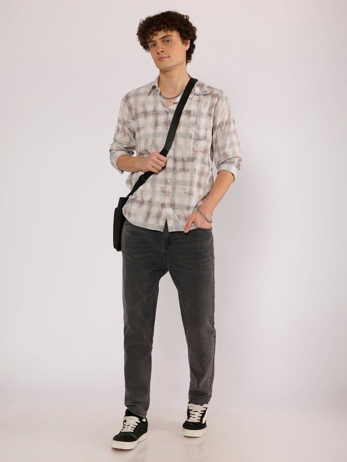 Jules - Digital Print Checkered Shirt - Taupe Grey
