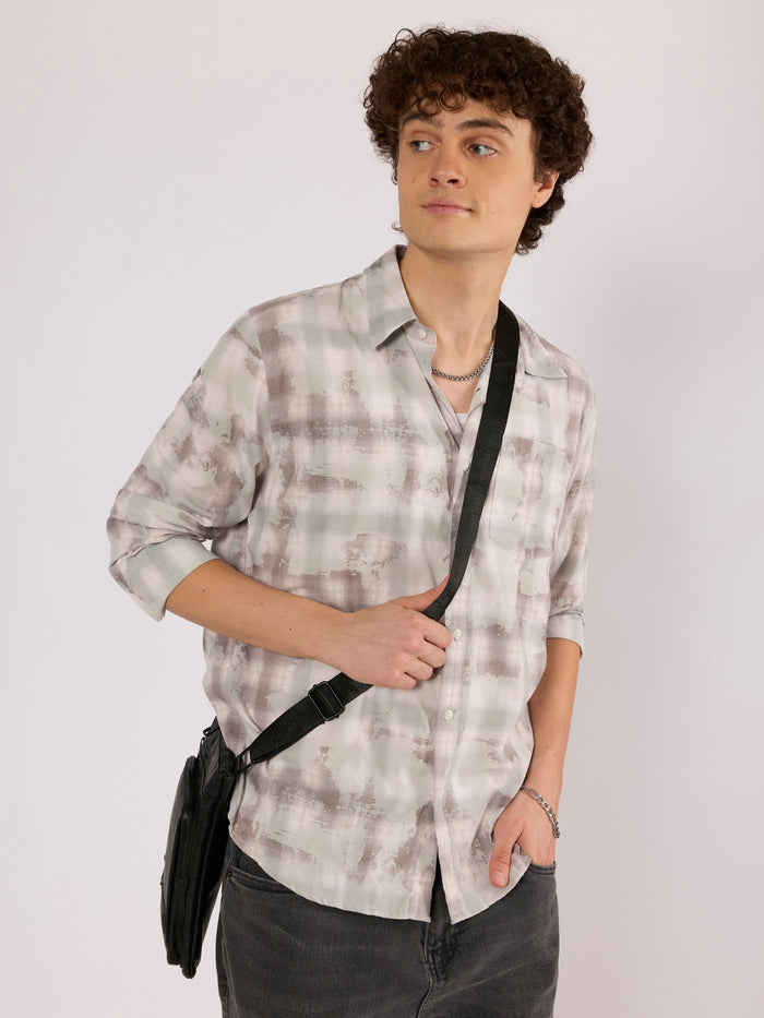 Jules - Digital Print Checkered Shirt - Taupe Grey