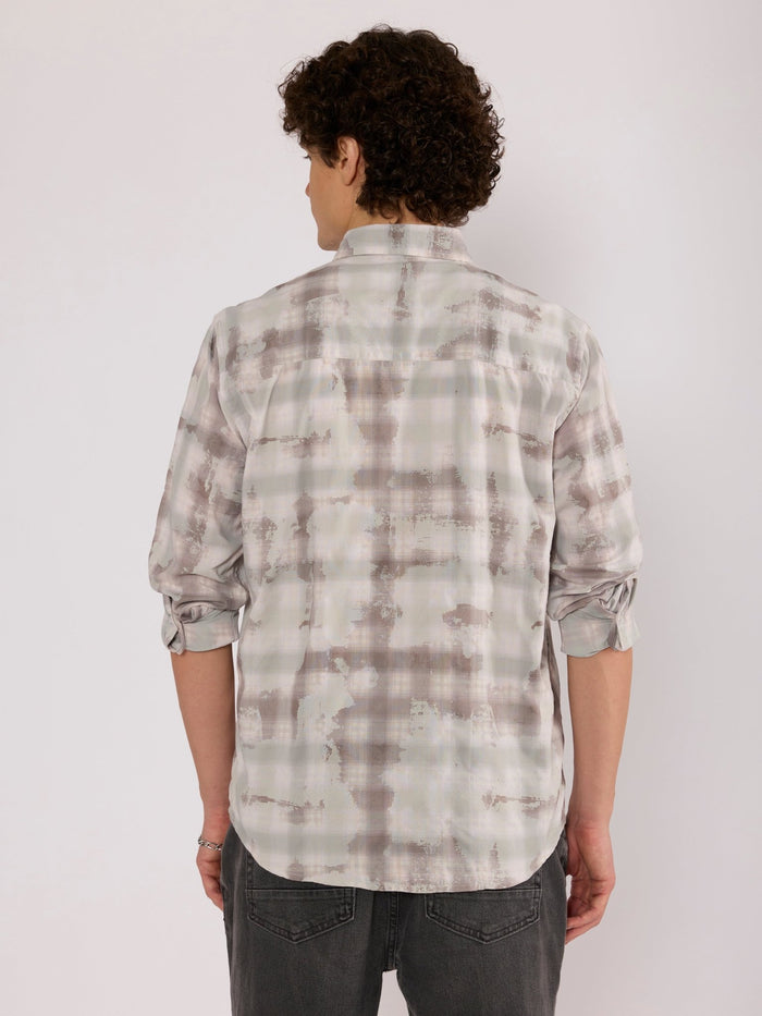 Jules - Digital Print Checkered Shirt - Taupe Grey