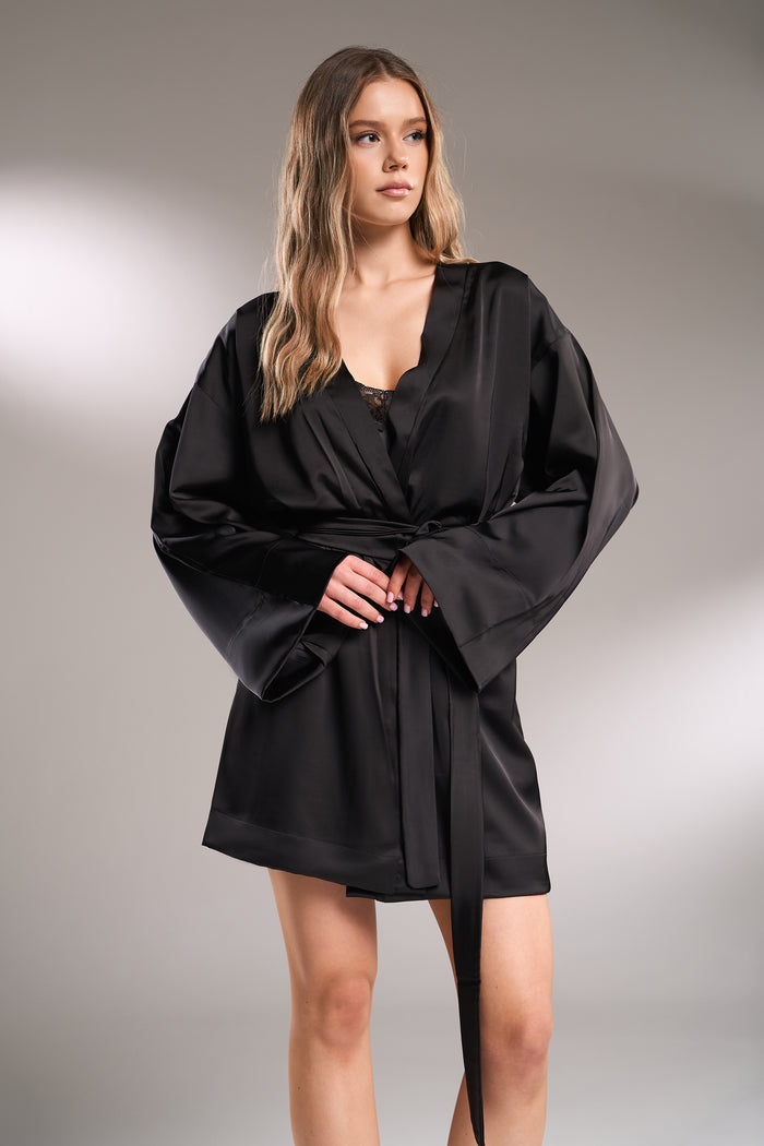 Kasumi black mini kimono robe