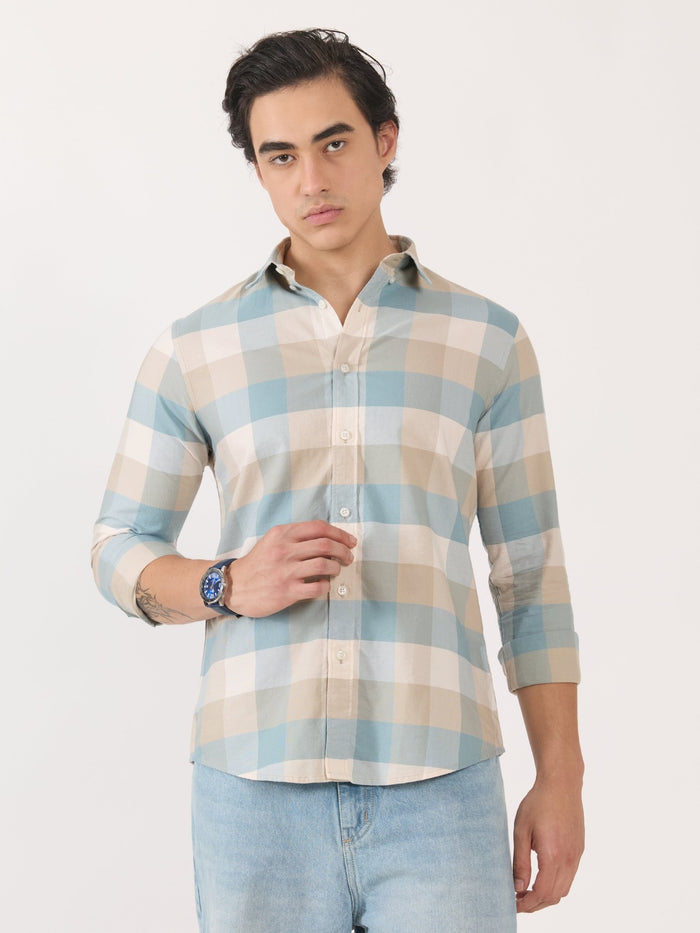 Men's Turkish Fit Checked Shirt - blue and beige