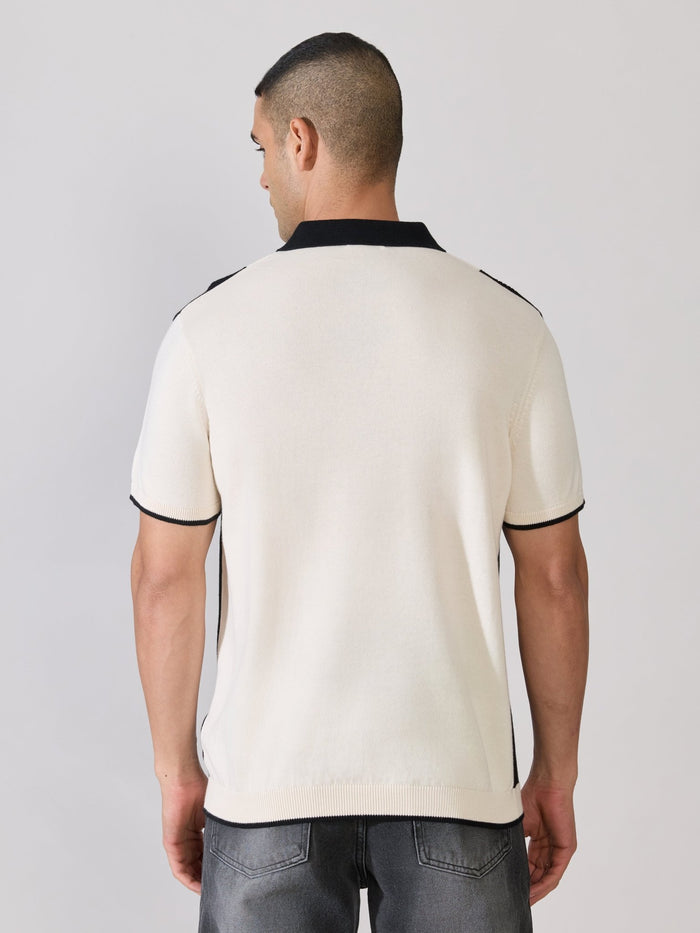 Men's Regular Fit Textured Knit Polo T-Shirt - Cream & Black