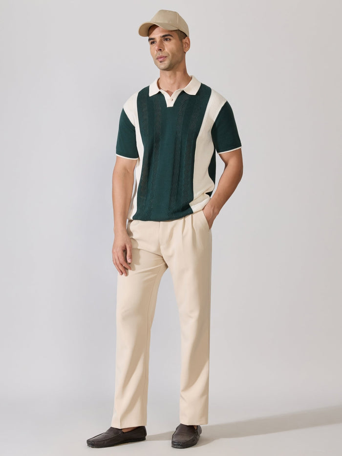 Men's Regular Fit Textured Knit Polo T-Shirt - Green & Cream