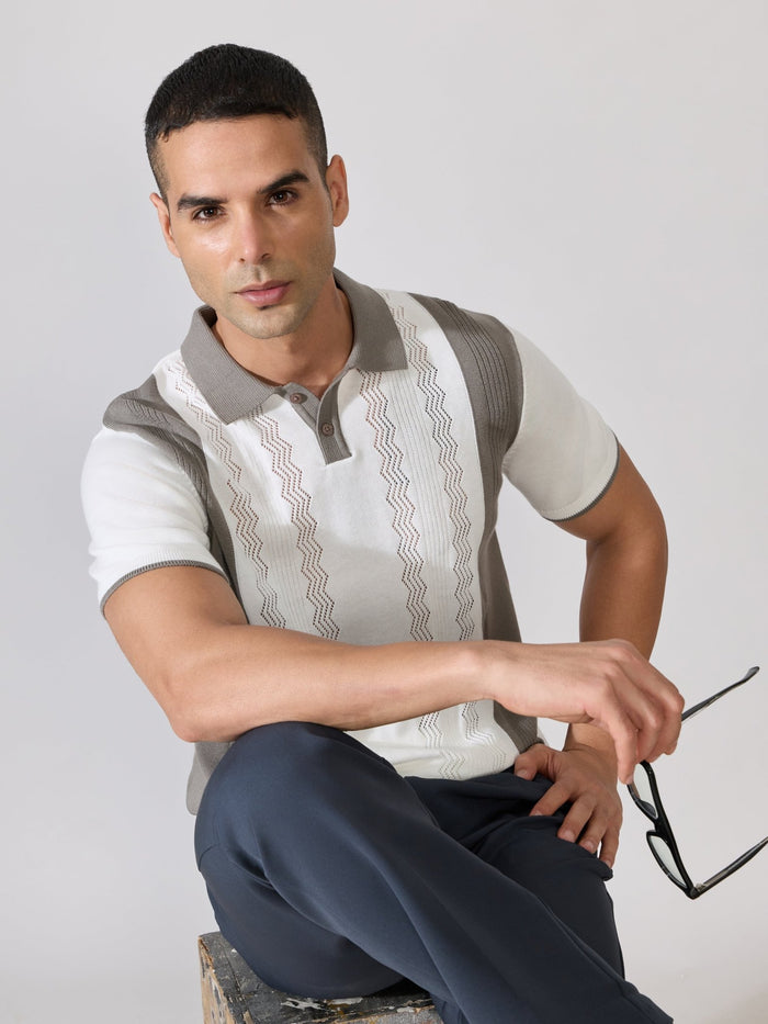 Mens Regular Fit Textured Knit Polo T-Shirt - White & Grey
