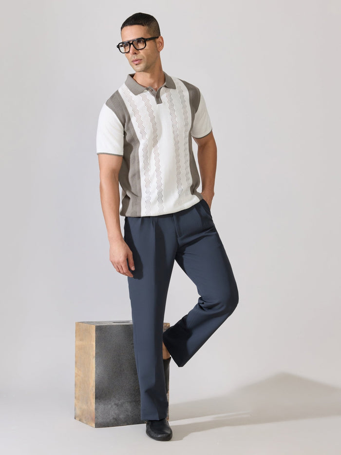 Mens Regular Fit Textured Knit Polo T-Shirt - White & Grey