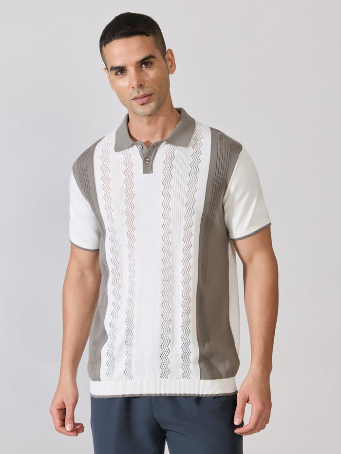 Mens Regular Fit Textured Knit Polo T-Shirt - White & Grey