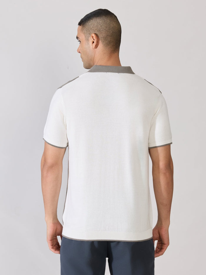 Mens Regular Fit Textured Knit Polo T-Shirt - White & Grey