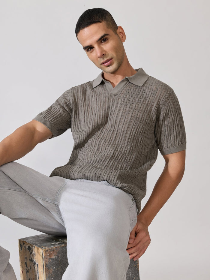 Men's Regular Fit Open Knit Polo T-Shirt - Brushed Nickel