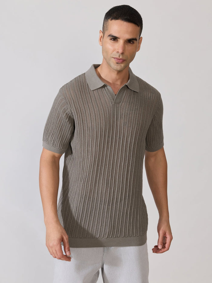 Men's Regular Fit Open Knit Polo T-Shirt - Brushed Nickel
