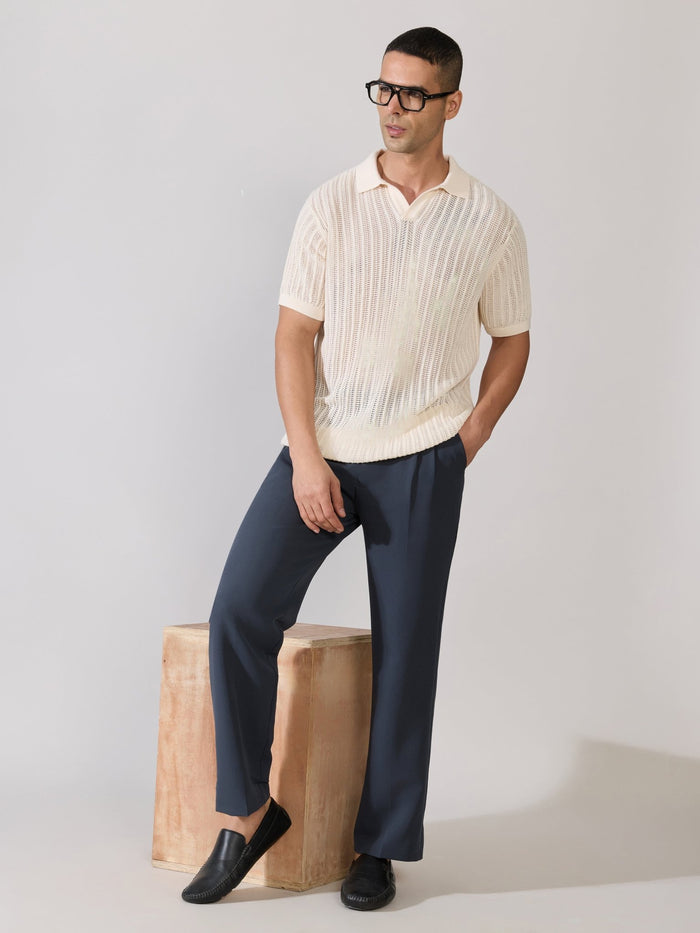 Regular Fit Open Knit Polo T-Shirt in cream