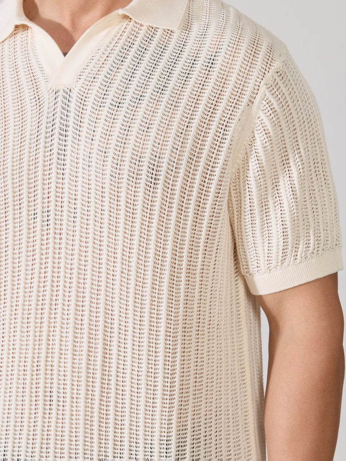 Regular Fit Open Knit Polo T-Shirt in cream