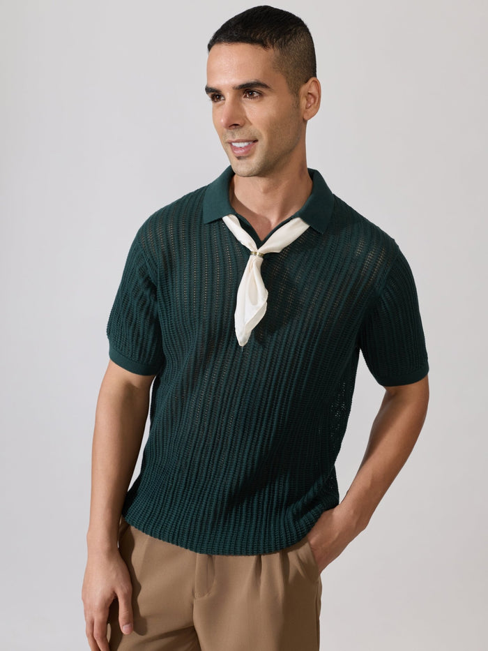Regular Fit Open Knit Polo T-Shirt in green