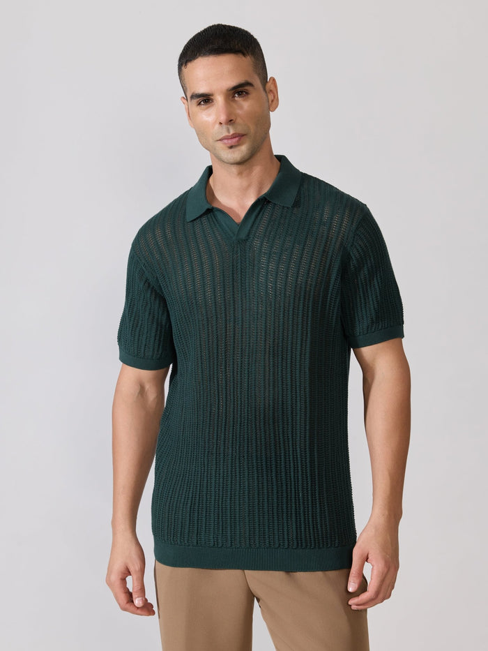 Regular Fit Open Knit Polo T-Shirt in green