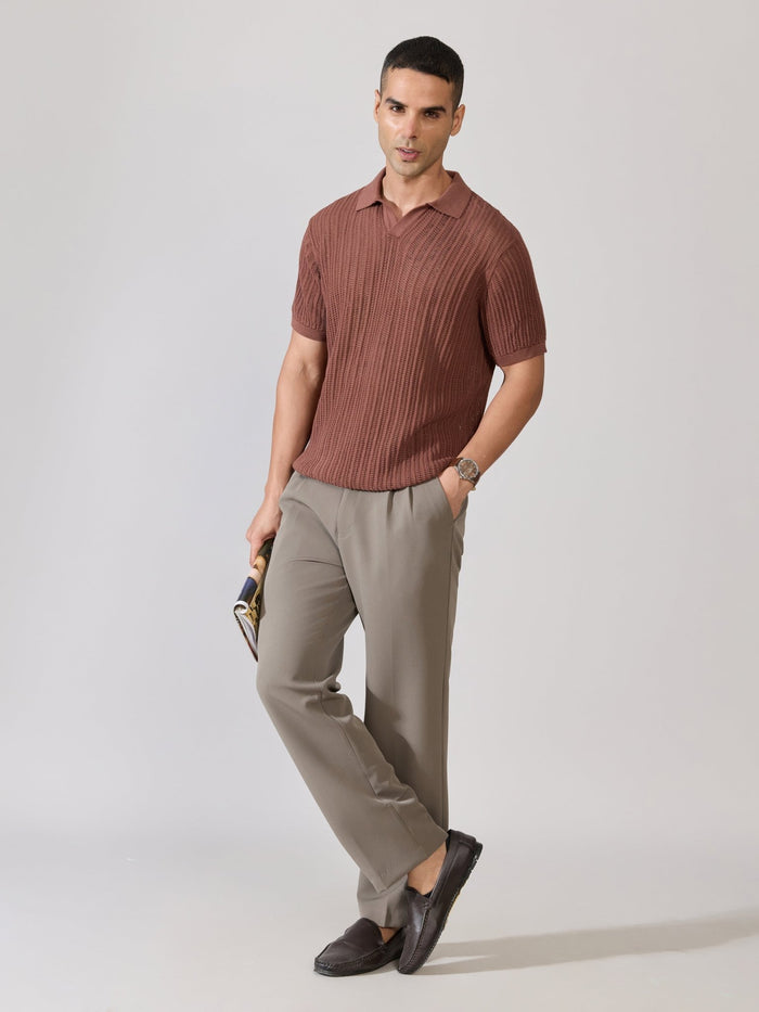 Regular Fit Open Knit Polo T-Shirt in Root Beer