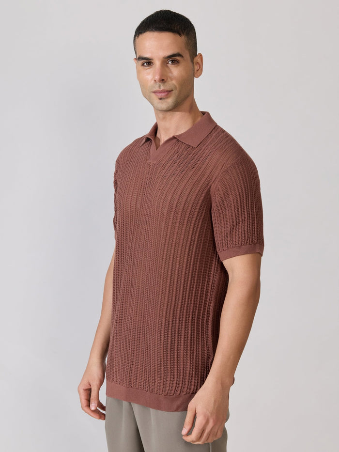 Regular Fit Open Knit Polo T-Shirt in Root Beer