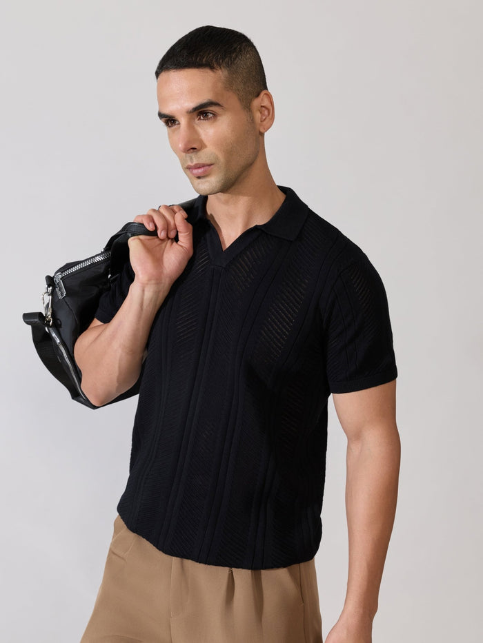 Men's Regular Fit Textured Open Knit Polo T-Shirt in Black