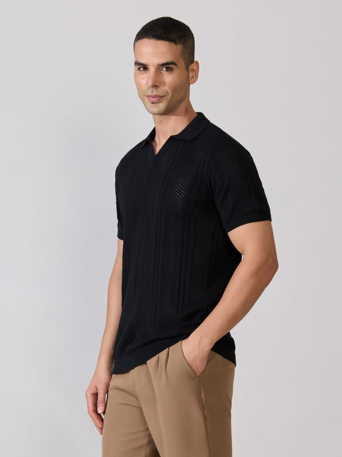 Men's Regular Fit Textured Open Knit Polo T-Shirt in Black