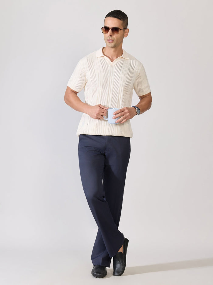 Men's Regular Fit Textured Open Knit Polo T-Shirt in Cream