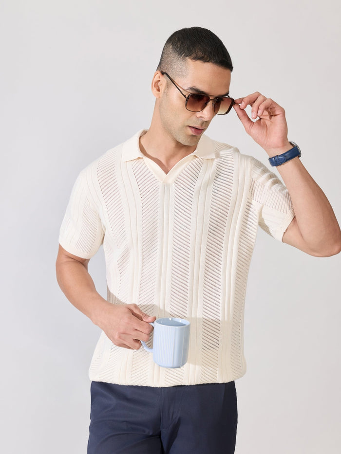 Men's Regular Fit Textured Open Knit Polo T-Shirt in Cream