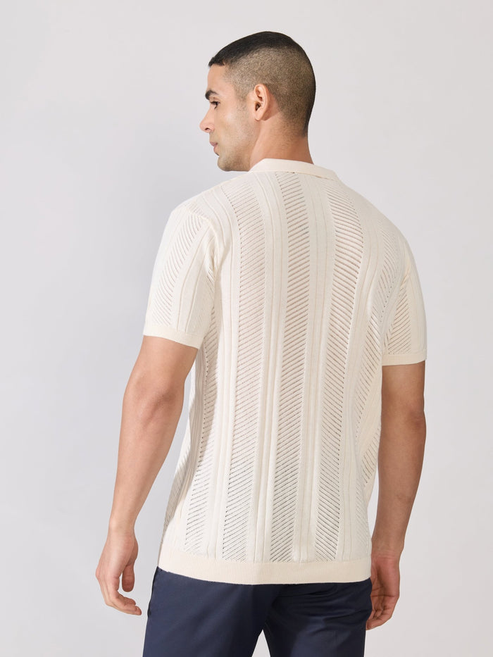 Men's Regular Fit Textured Open Knit Polo T-Shirt in Cream