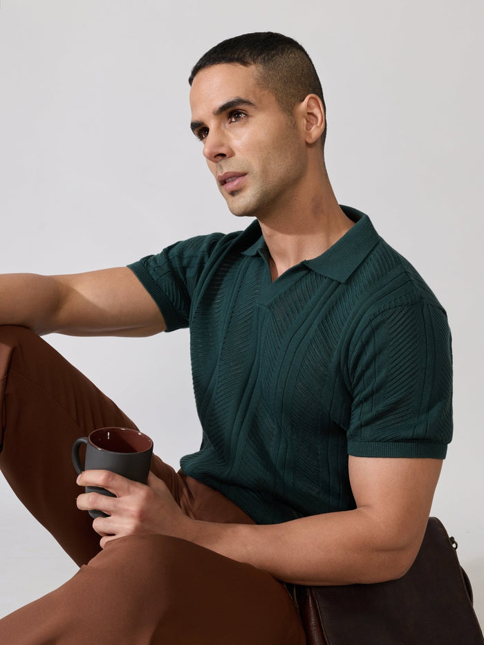 Men's regular Fit Textured Open Knit Polo T-Shirt in  green