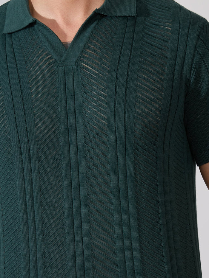 Men's regular Fit Textured Open Knit Polo T-Shirt in  green