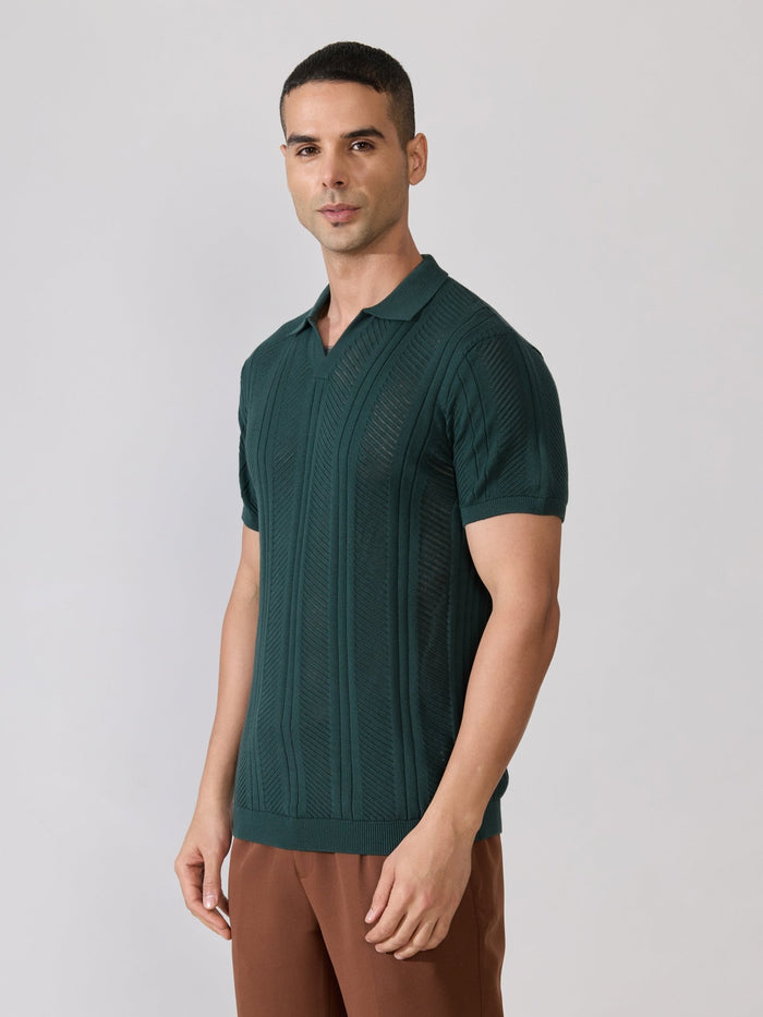 Men's regular Fit Textured Open Knit Polo T-Shirt in  green